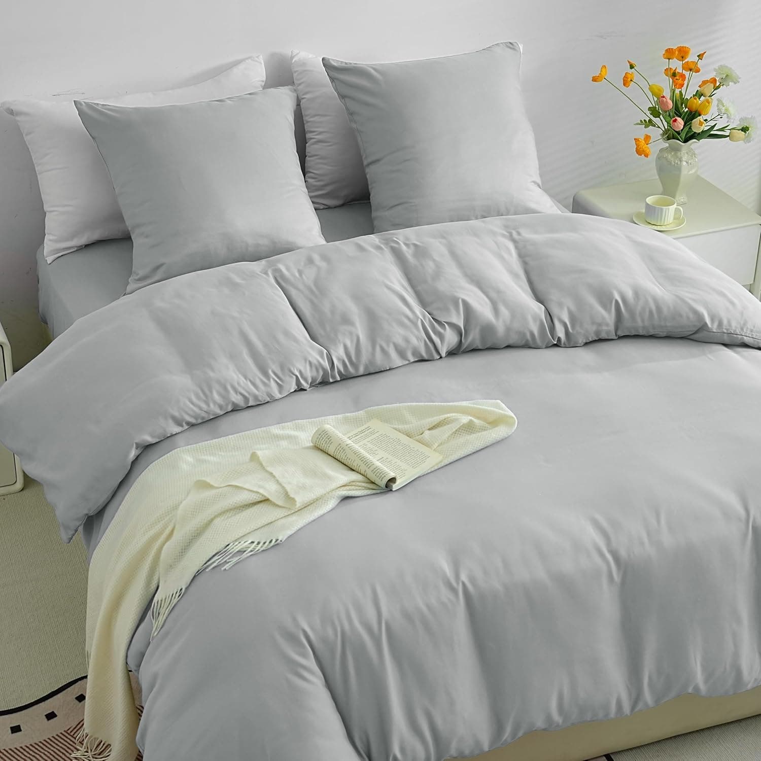 Sets de Housses de Couettes Légère 200x200 cm Fermeture Éclair 3 Pièces Microfibre 80 Fils/cm² + 2 Taies d'oreiller 65x65 cm Parure de Lit Adulte 2 Personne Ensemble Literie Douce 4