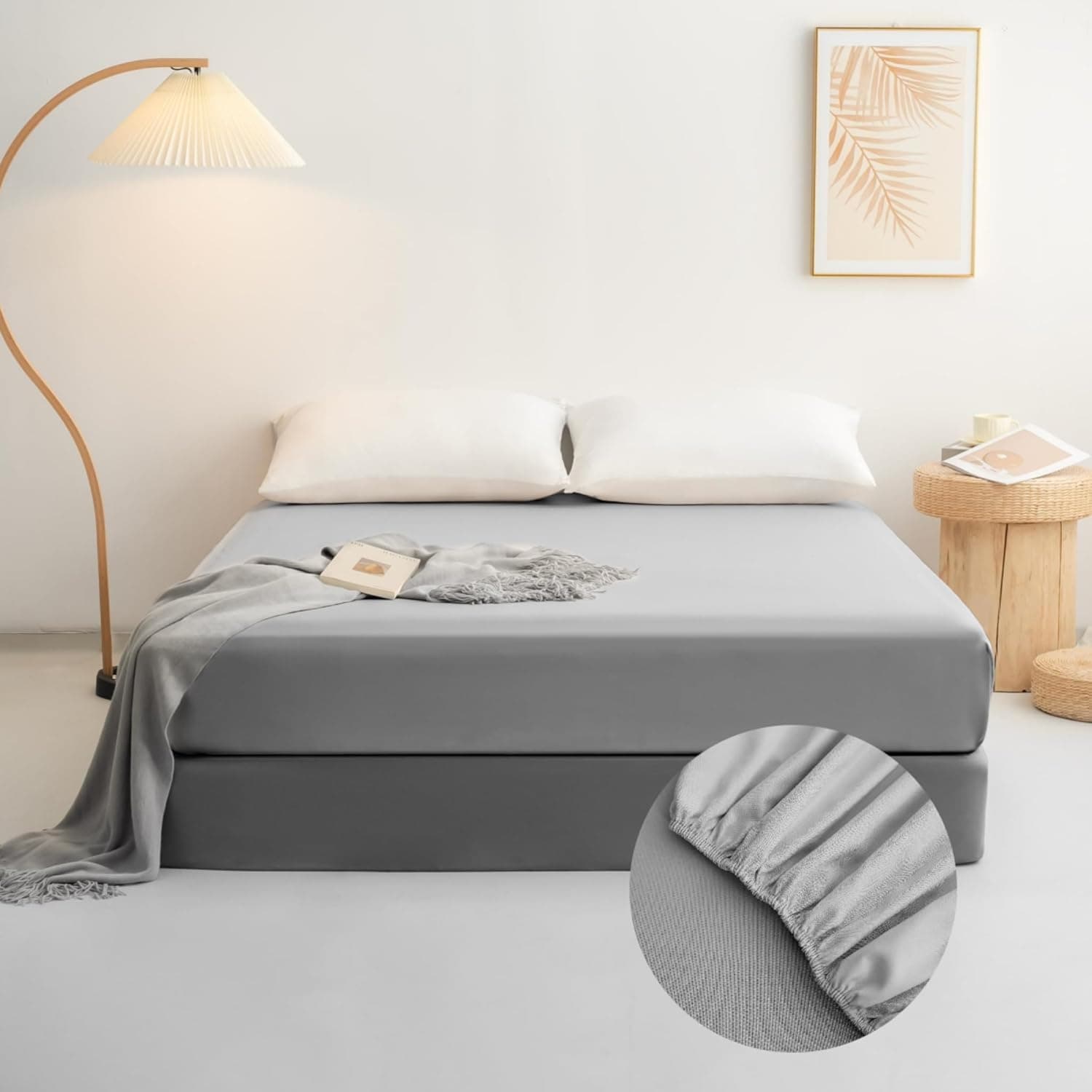 Drap-housse uniquement en matériau doux et respirant, toutes saisons pour lit double, gris clair 5