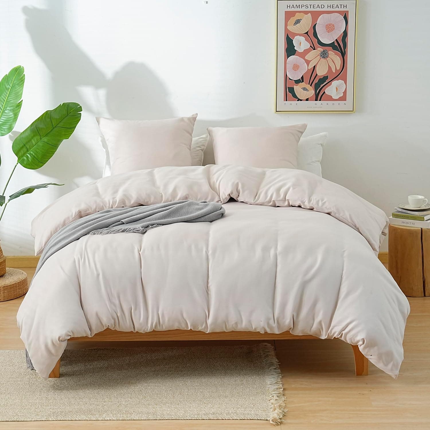 MOHAP Parure de Lit 4 Pièces Housse de Couette 200x200cm + Drap Housse 160x200cm Bonnet 30cm + 2 Taies d'oreiller 65x65cm 2 Personnes Ensemble Housse de Couette Beige Léger 80 Fils/cm² Microfibre