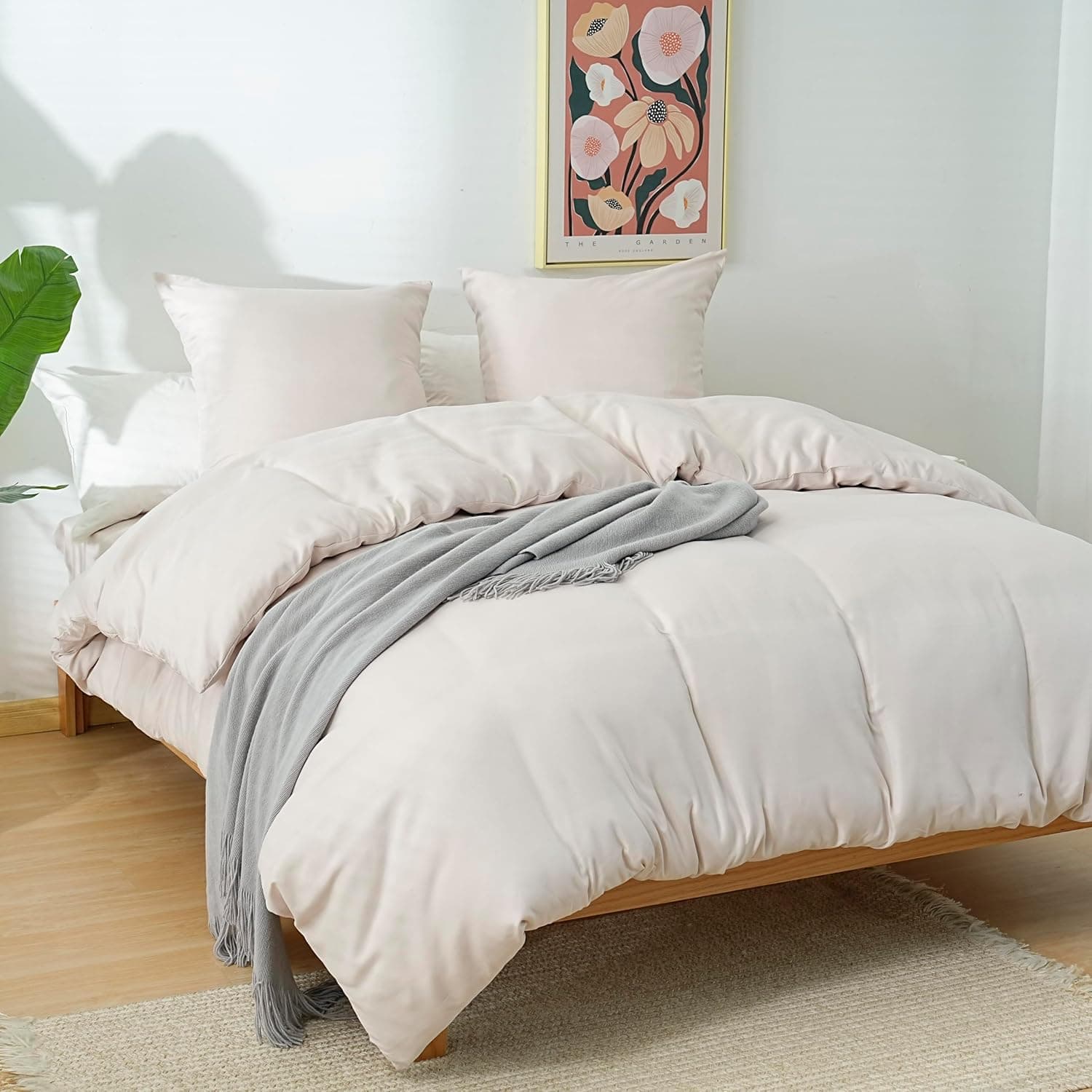 MOHAP Parure de Lit 4 Pièces Housse de Couette 200x200cm + Drap Housse 160x200cm Bonnet 30cm + 2 Taies d'oreiller 65x65cm 2 Personnes Ensemble Housse de Couette Beige Léger 80 Fils/cm² Microfibre 2