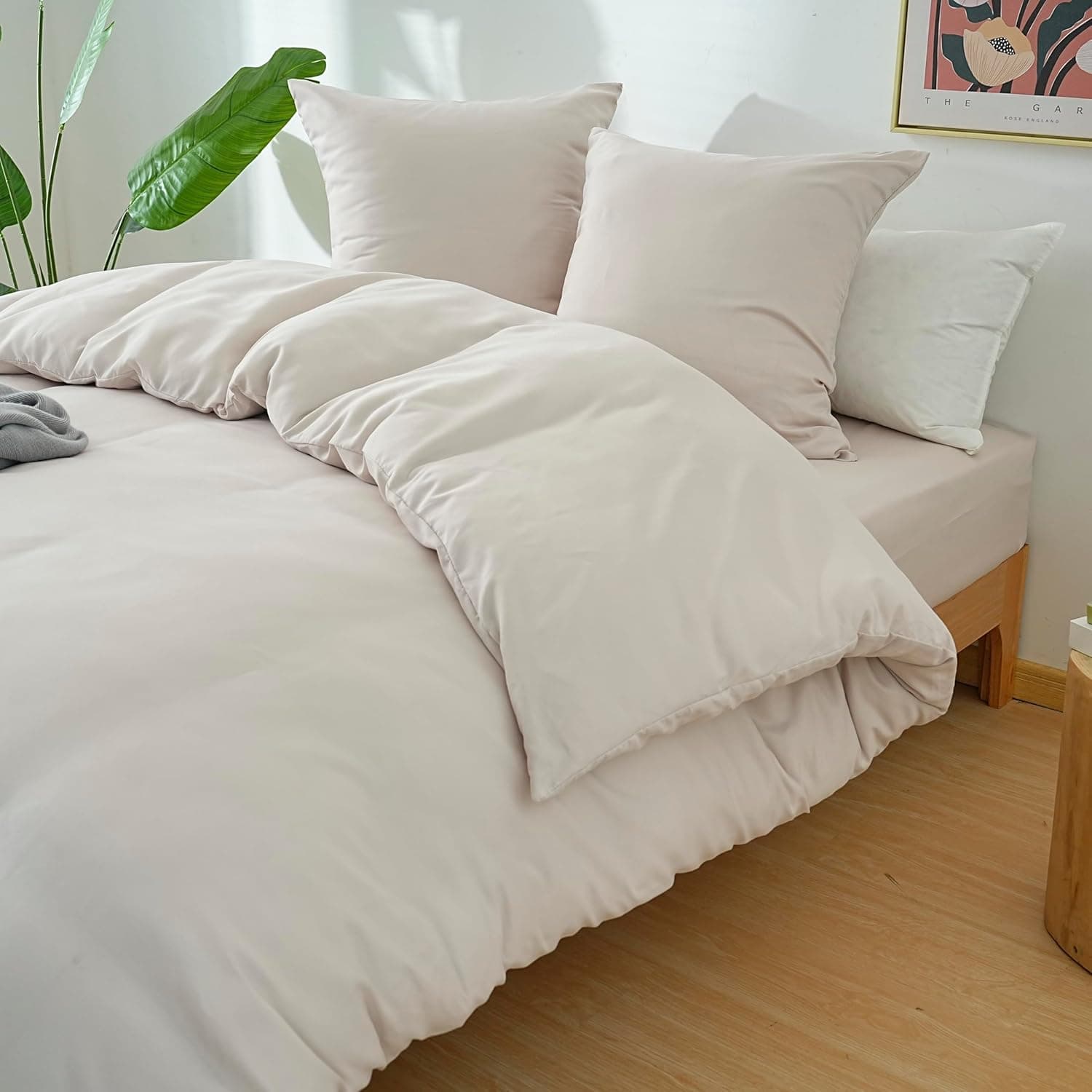 MOHAP Parure de Lit 4 Pièces Housse de Couette 200x200cm + Drap Housse 160x200cm Bonnet 30cm + 2 Taies d'oreiller 65x65cm 2 Personnes Ensemble Housse de Couette Beige Léger 80 Fils/cm² Microfibre 3