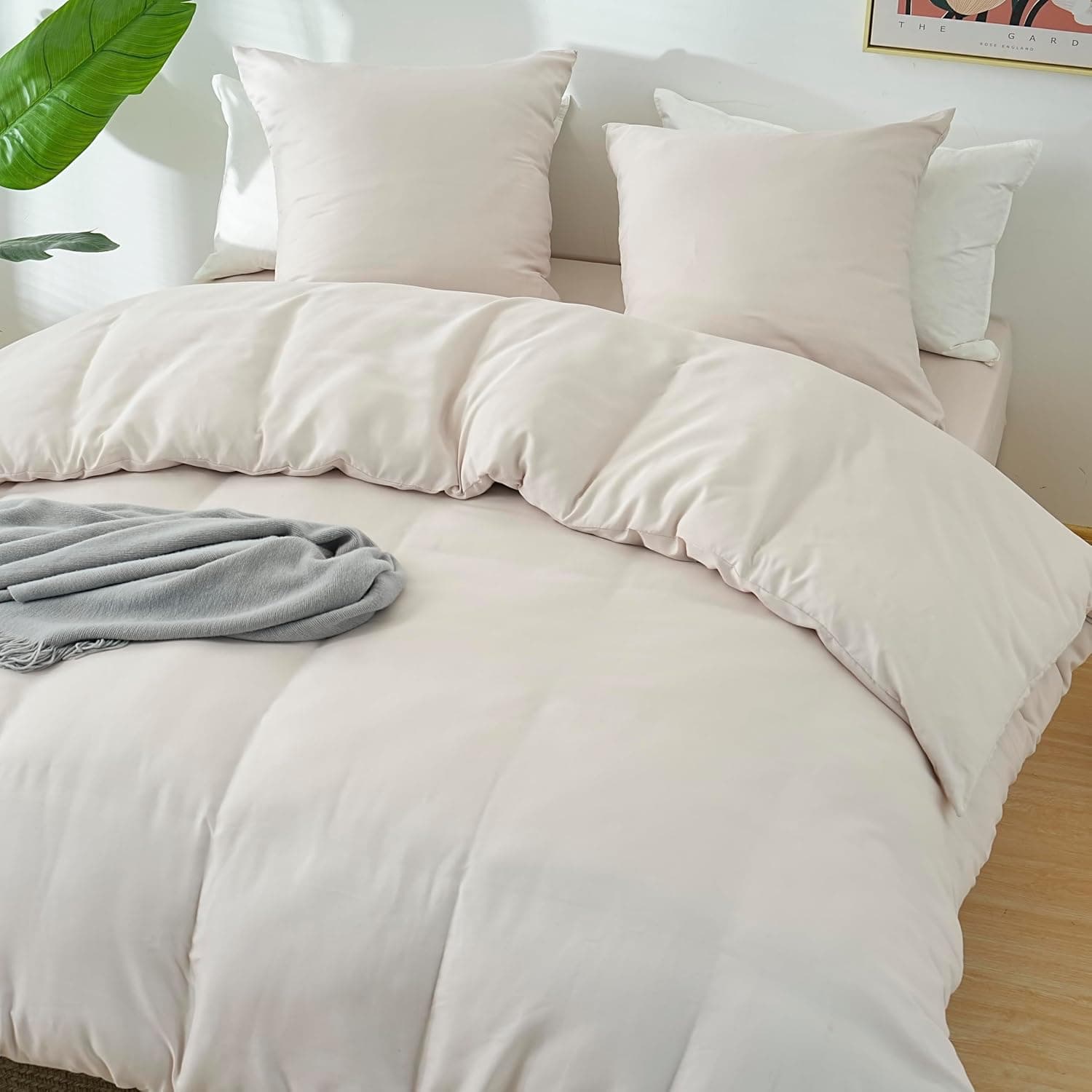 MOHAP Parure de Lit 4 Pièces Housse de Couette 200x200cm + Drap Housse 160x200cm Bonnet 30cm + 2 Taies d'oreiller 65x65cm 2 Personnes Ensemble Housse de Couette Beige Léger 80 Fils/cm² Microfibre 4