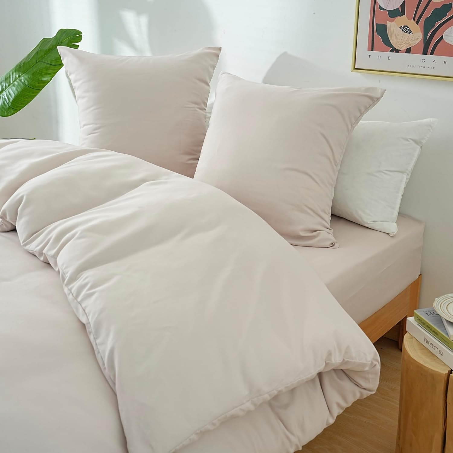 MOHAP Parure de Lit 4 Pièces Housse de Couette 200x200cm + Drap Housse 160x200cm Bonnet 30cm + 2 Taies d'oreiller 65x65cm 2 Personnes Ensemble Housse de Couette Beige Léger 80 Fils/cm² Microfibre 5