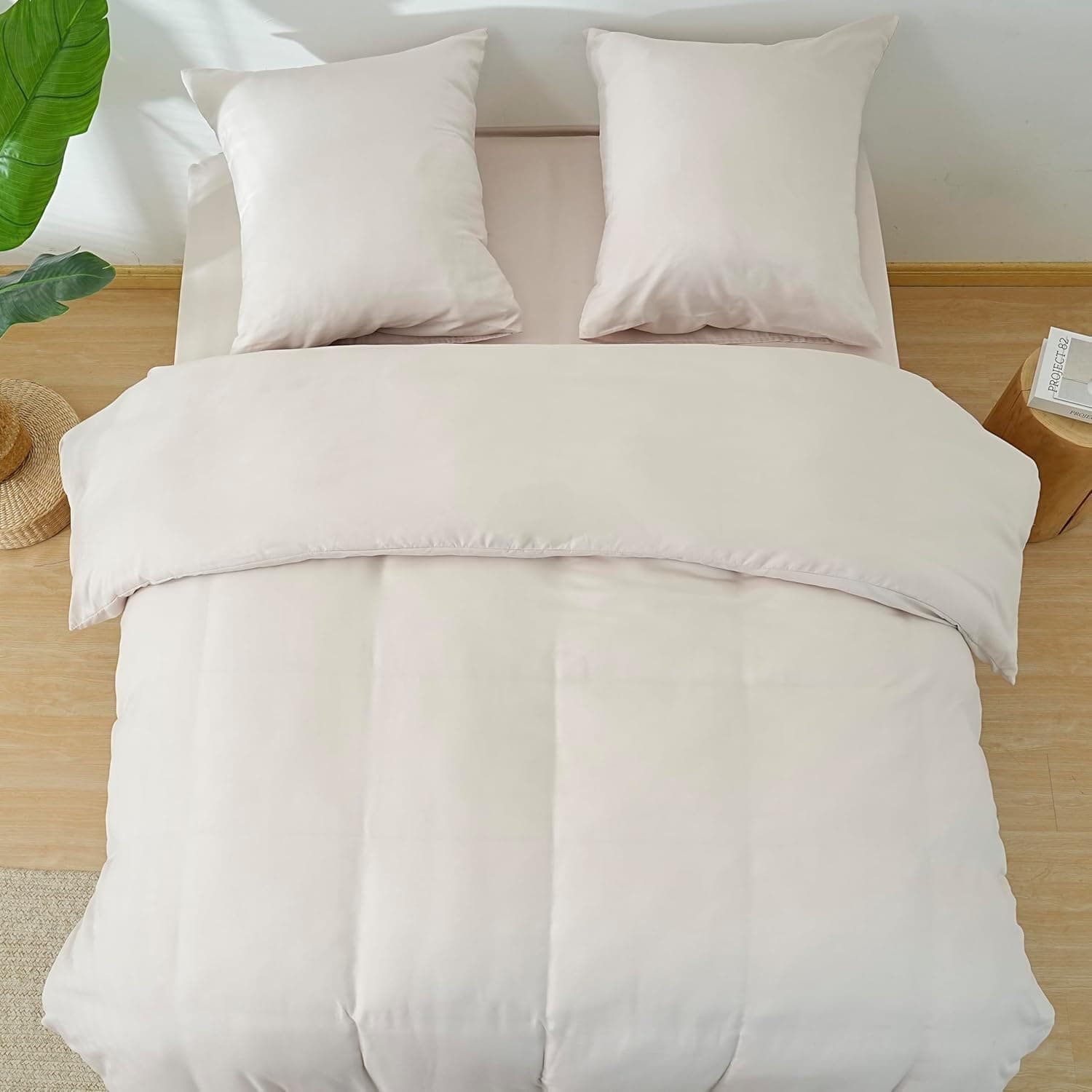 MOHAP Parure de Lit 4 Pièces Housse de Couette 200x200cm + Drap Housse 160x200cm Bonnet 30cm + 2 Taies d'oreiller 65x65cm 2 Personnes Ensemble Housse de Couette Beige Léger 80 Fils/cm² Microfibre 8