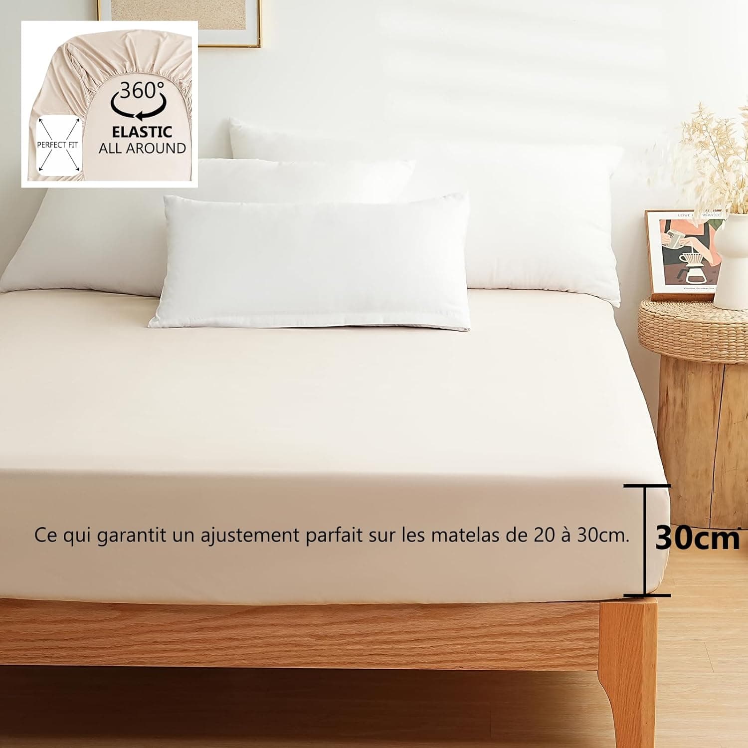MOHAP Parure de Lit 4 Pièces Housse de Couette 200x200cm + Drap Housse 160x200cm avec 2 taies d'oreillers 65x65cm Beige pour 2 Personnes Parure 120 Fils/cm² en Microfibre 6