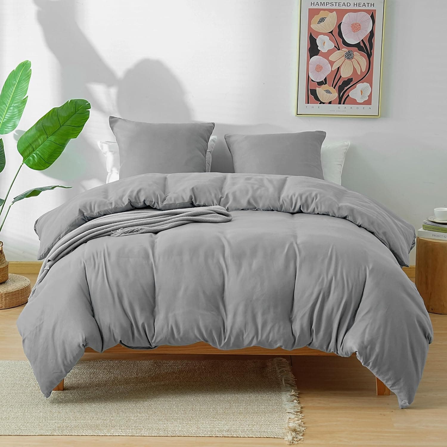 MOHAP Parure de Lit 4 Pièces Housse de Couette 200x200cm + Drap Housse 160x200cm Bonnet 30cm + 2 Taies d'oreiller 65x65cm 2 Personnes Ensemble Housse de Couette Gris Clair Léger 80 Fils/cm² Microfibre