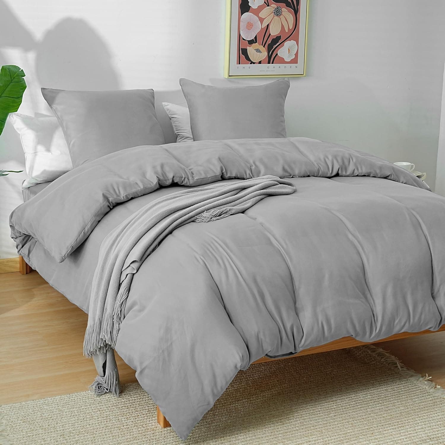 MOHAP Parure de Lit 4 Pièces Housse de Couette 200x200cm + Drap Housse 160x200cm Bonnet 30cm + 2 Taies d'oreiller 65x65cm 2 Personnes Ensemble Housse de Couette Gris Clair Léger 80 Fils/cm² Microfibre 2