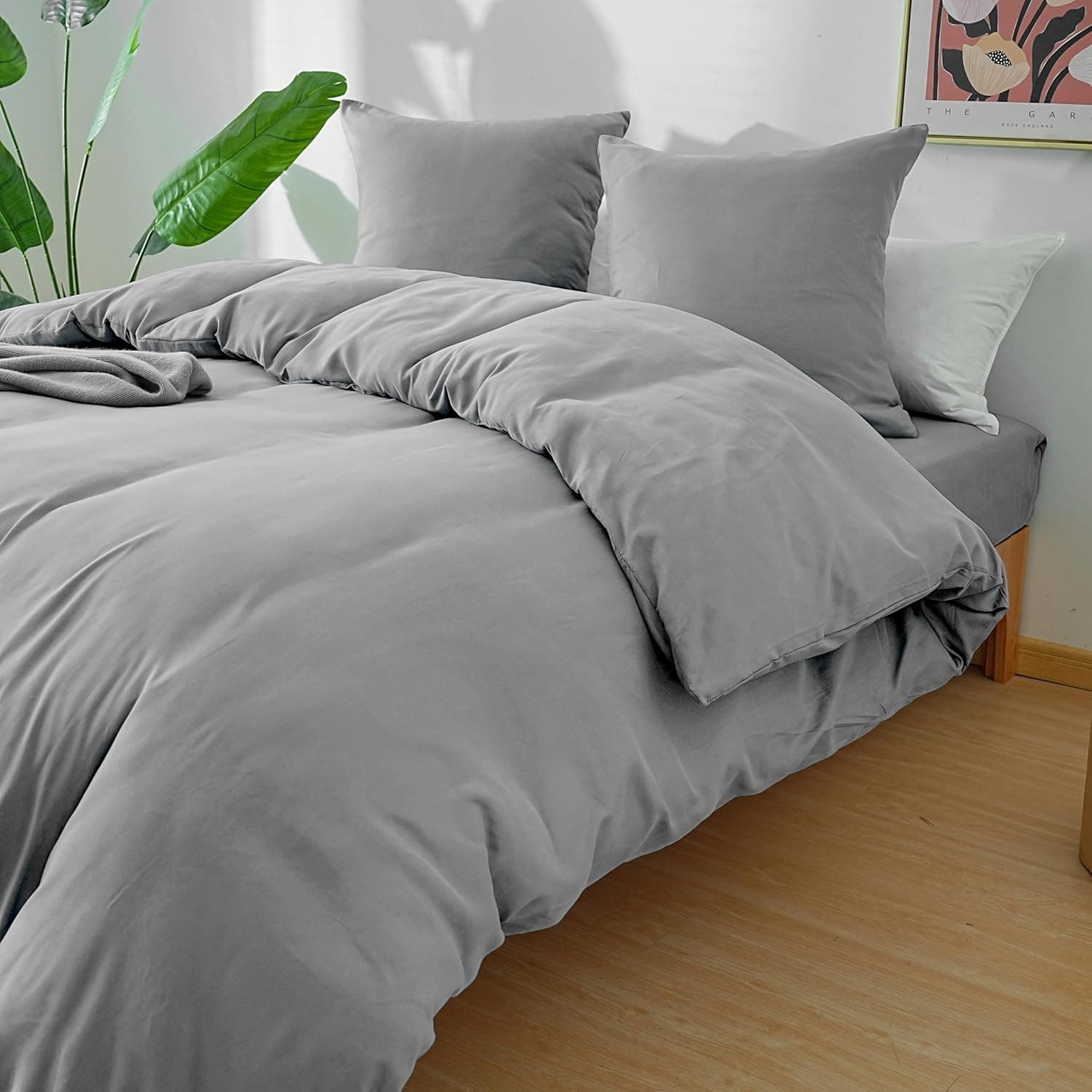 MOHAP Parure de Lit 4 Pièces Housse de Couette 200x200cm + Drap Housse 160x200cm Bonnet 30cm + 2 Taies d'oreiller 65x65cm 2 Personnes Ensemble Housse de Couette Gris Clair Léger 80 Fils/cm² Microfibre 3