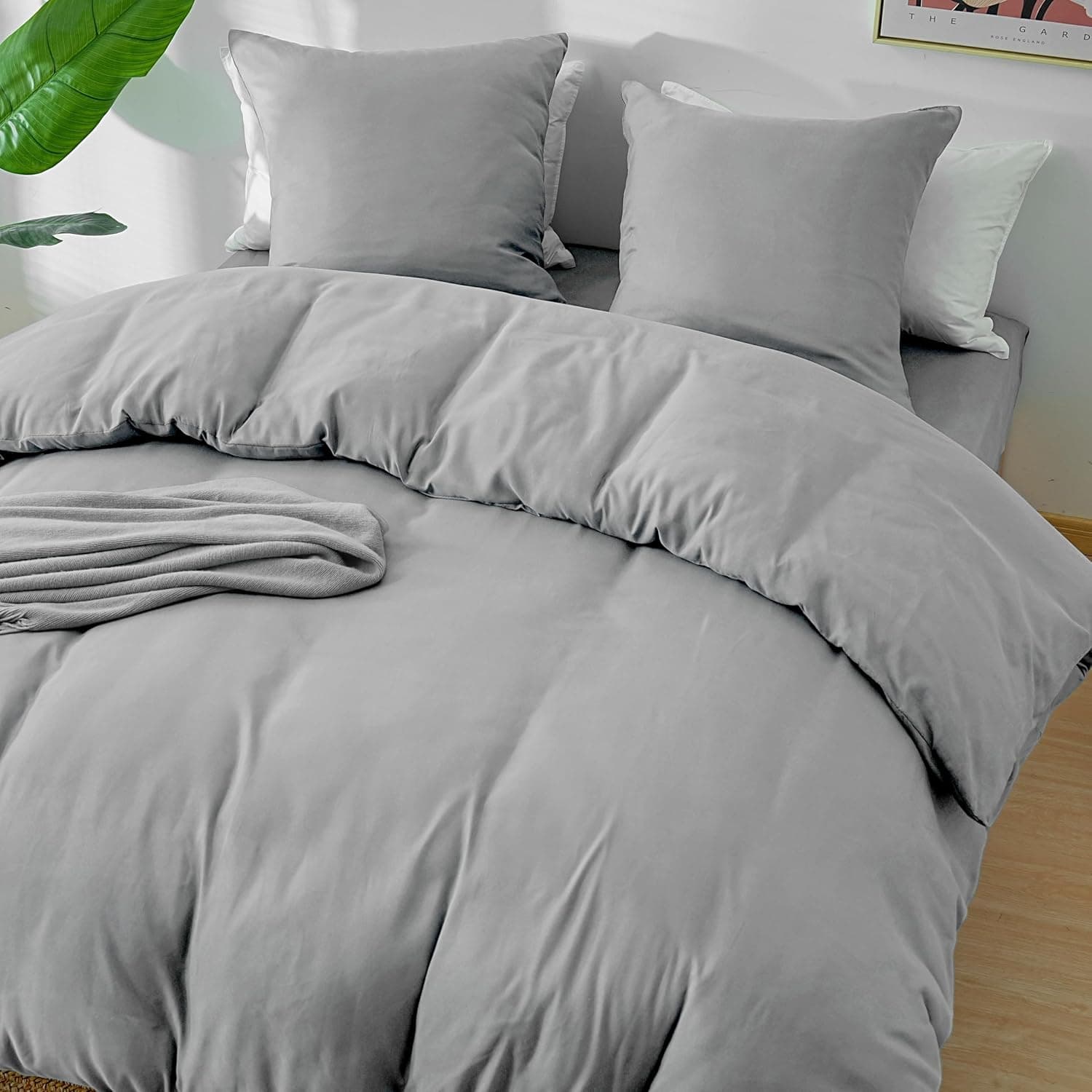 MOHAP Parure de Lit 4 Pièces Housse de Couette 200x200cm + Drap Housse 160x200cm Bonnet 30cm + 2 Taies d'oreiller 65x65cm 2 Personnes Ensemble Housse de Couette Gris Clair Léger 80 Fils/cm² Microfibre 4