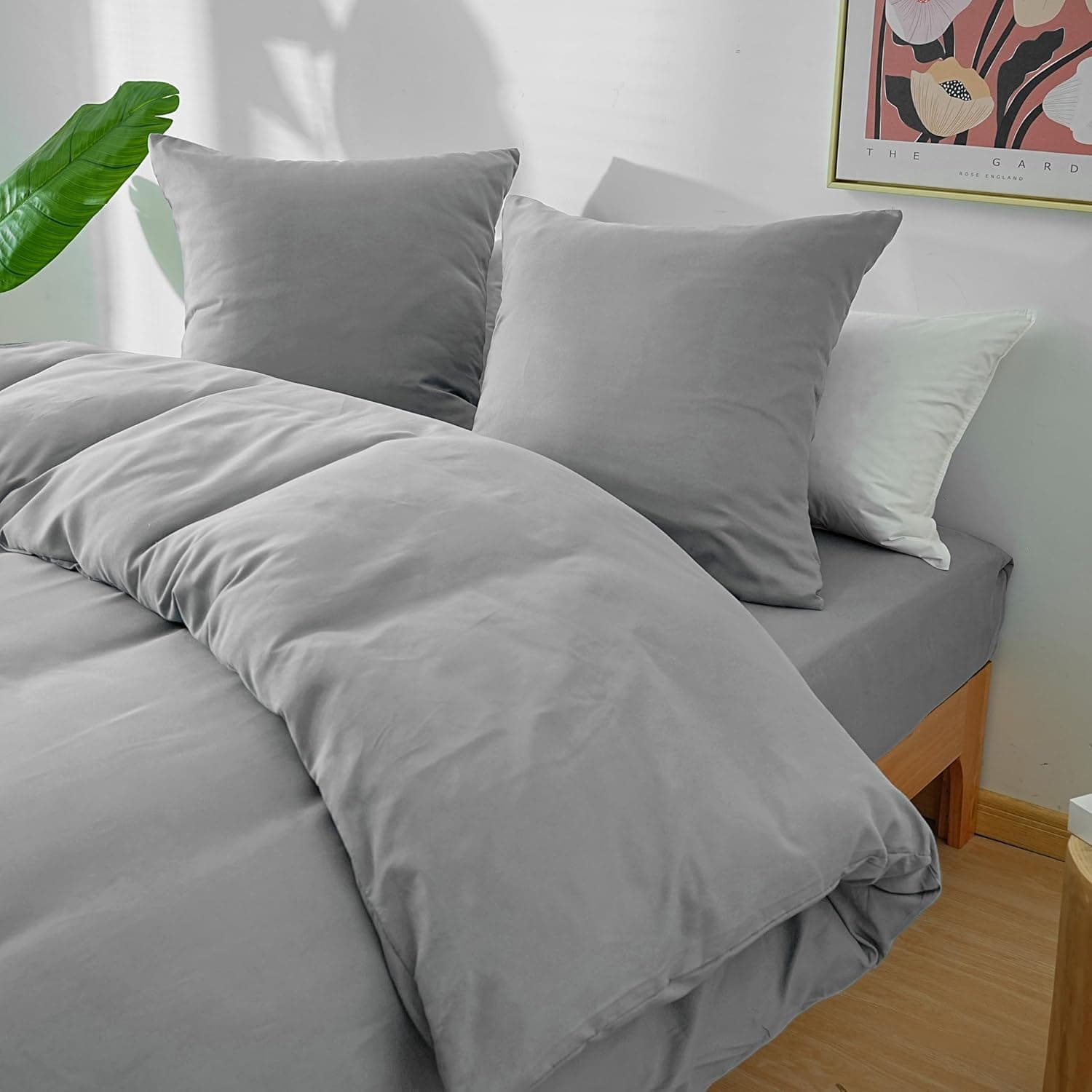 MOHAP Parure de Lit 4 Pièces Housse de Couette 200x200cm + Drap Housse 160x200cm Bonnet 30cm + 2 Taies d'oreiller 65x65cm 2 Personnes Ensemble Housse de Couette Gris Clair Léger 80 Fils/cm² Microfibre 5