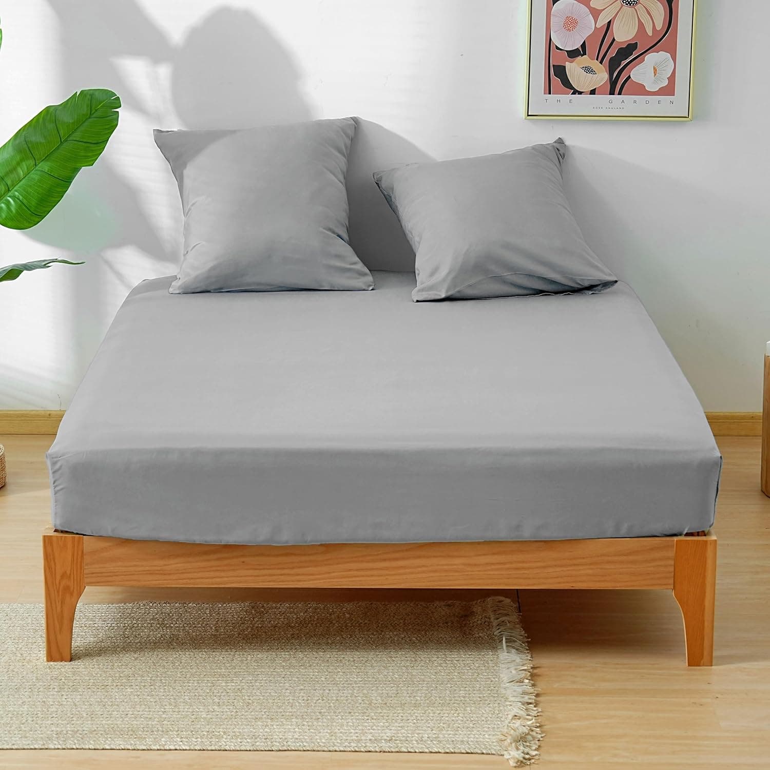 MOHAP Parure de Lit 4 Pièces Housse de Couette 200x200cm + Drap Housse 160x200cm Bonnet 30cm + 2 Taies d'oreiller 65x65cm 2 Personnes Ensemble Housse de Couette Gris Clair Léger 80 Fils/cm² Microfibre 7