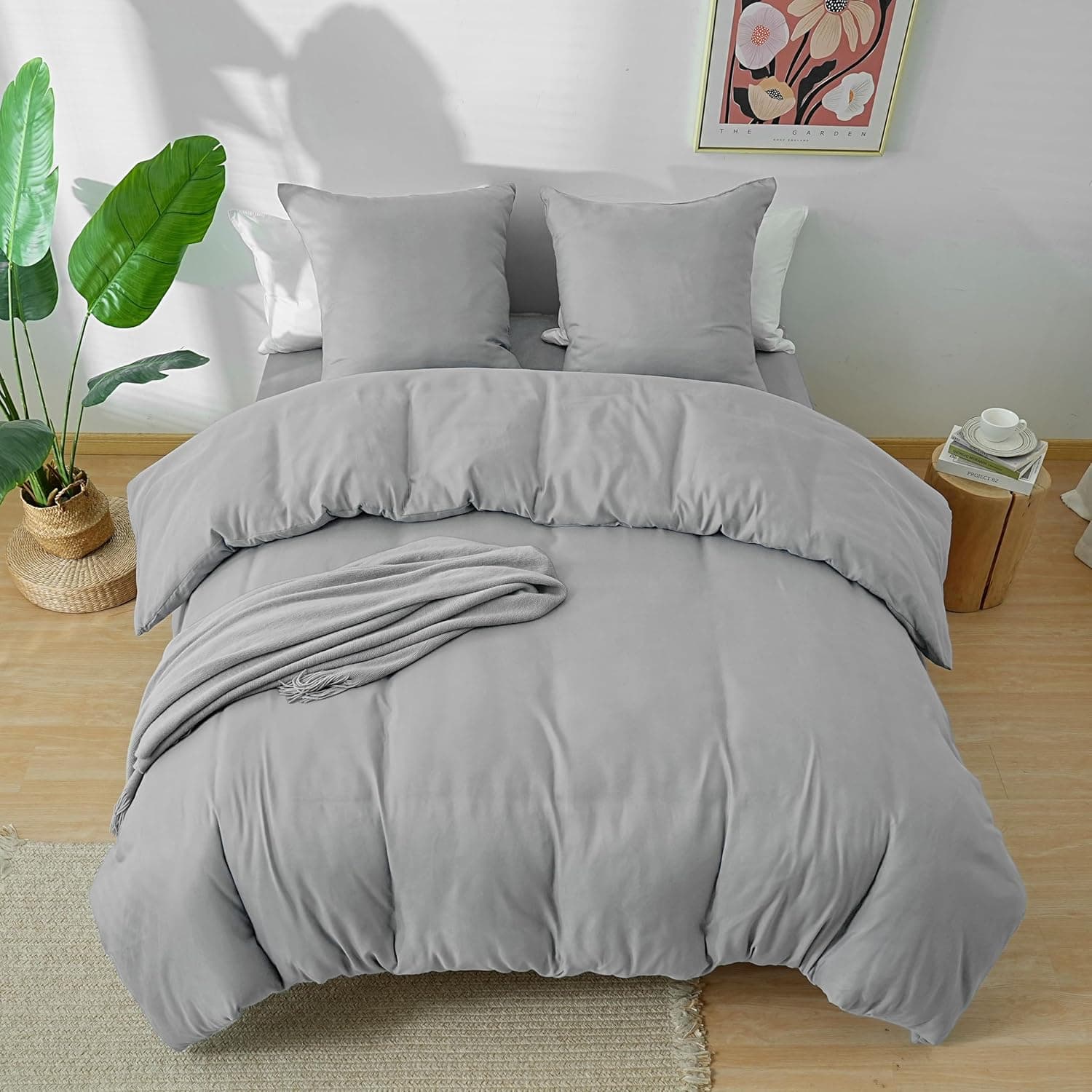 MOHAP Parure de Lit 4 Pièces Housse de Couette 200x200cm + Drap Housse 160x200cm Bonnet 30cm + 2 Taies d'oreiller 65x65cm 2 Personnes Ensemble Housse de Couette Gris Clair Léger 80 Fils/cm² Microfibre 8